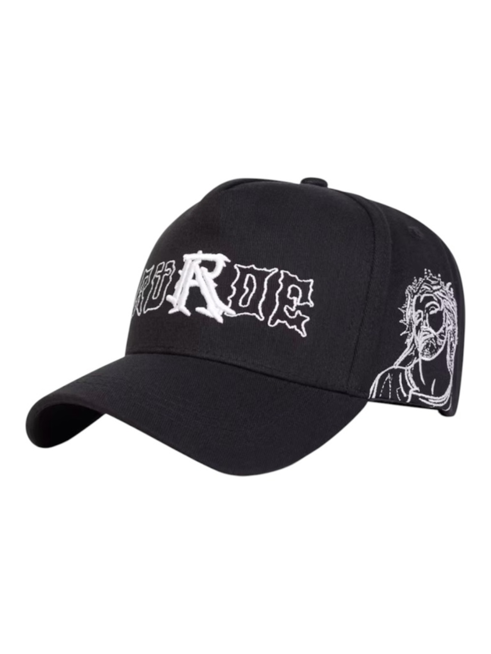Black Embroidered Graphic Baseball Cap with White Detailing